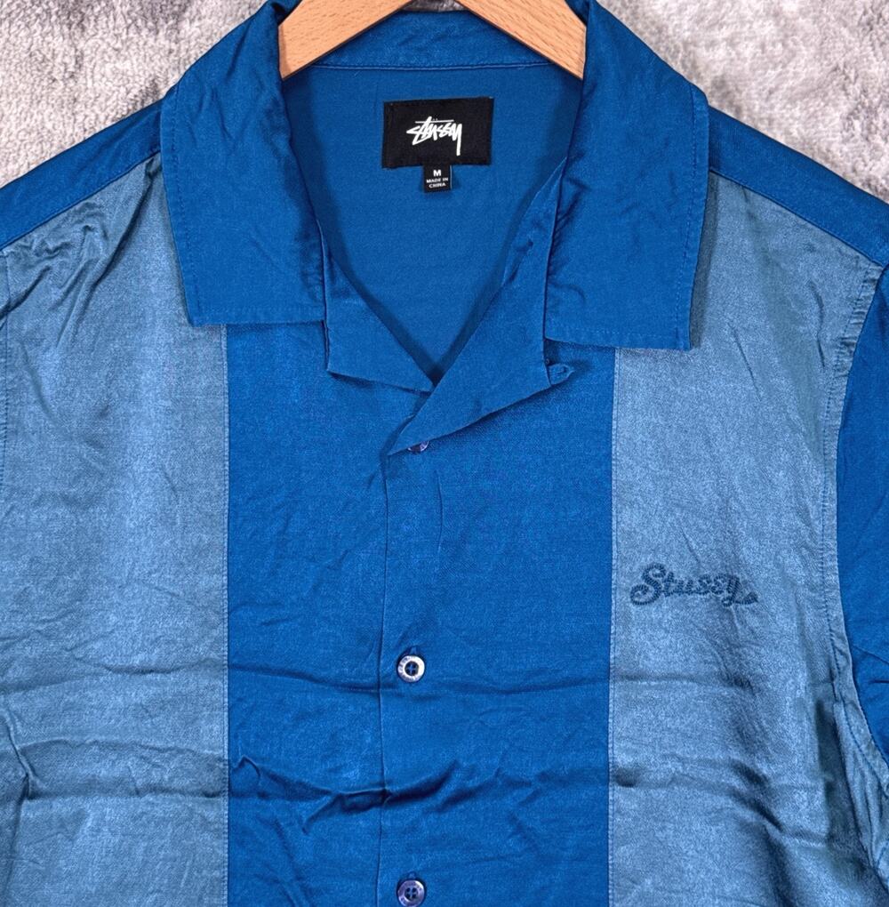 Stussy Camp Bowling Shirt Medium Mens Blue Two Tone Button Up